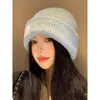 Gorro de Lana Tejido Azul para Mujer Otoño e Invierno Versátil Cálido Circunferencia de Cabeza Grande Protección para las Orejas Gorro Estilo Coreano