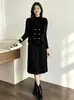 Outono/Inverno 2026 Estilo Coreano Gola V Dupla Botão Colete de Pelo Tricô Conjunto de Duas Peças Vestido Plissado Meia-gola Alta Feminino