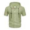 2026 Verano Transfronterizo Amazon Camisa Casual de Manga Corta Lisa para Hombre con Capucha Cordón Plisado Cárdigan Tendencia
