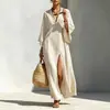 Verano 2026 Nuevo Ropa Femenina Transfronteriza Europea y Americana Casual Vacaciones Color Sólido Cuello en V Vestido Largo Holgado Vestido con Abertura Alta