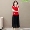 Jinbukang Verano para Mujeres de Mediana Edad Camiseta de Manga Corta Traje Tang de un Año Bordado Camisa de Madre Traje Vestido Dos Piezas