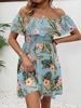 Transfronterizo Verano 2026 Elegante Vestido de Una Pieza para Mujer Estampado Hombros Descubiertos con Volantes Falda Línea A Estilo Europeo y Americano