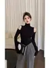 Camiseta de Manga Larga de Color Sólido Versátil con Cuello Alto Parcial Estilo Puro Deseo para Mujer, Otoño Estilo Coreano Elegante Diseño Hueco Ajustado Superior, Estilo Ins