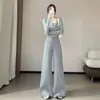 Calça de moletom cinza estilo americano de perna larga para mulheres, nova coleção primavera/outono 2026, cintura alta, fluida, perna reta, comprimento até o chão
