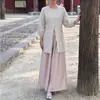 Nueva blusa de estilo chino con cuello redondo y botones + pantalones rosas de pierna ancha, un conjunto de dos piezas suave y elegante para mujer, perfecto para el verano