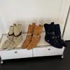 Botas vaqueras de encaje con cuentas estilo étnico, gamuza de vaca, otoño/invierno 2026, tacón medio, punta redonda, botines de cuero genuino para mujer