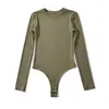 Novedad de Otoño Estilo Europeo Americano Chica Atrevida Ajuste Delgado Cuello Redondo Manga Larga Body Elástico Acanalado Color Sólido Base Cepillada Camiseta