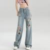 Calça Jeans Feminina de Cintura Alta Reta com Múltiplos Botões Ajustáveis, Cor Clara, Rasgada Personalizada, Perna Larga Solta