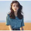 Moda Dopamina de Verão Blusa Única e Chique Estilosa de Alta Qualidade Jovem Azul Manga Curta Ombro Normal Camisa para Mulheres