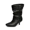 Hebilla de Cinturón Elegante y Sexy Estilo Europeo Botas Apiladas Otoño/Invierno 2026 Tacón Delgado Tacón Alto Punta Cuadrada Piel Genuina Botines Sueltos para Mujer