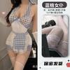 Lingerie Sexy, Decote Profundo em V Sexy, Costas Bonitas, Saia de Quadril Xadrez Azul, Uniforme de Empregada, Body Transparente com Amarração no Pescoço