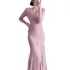 Vestido de Lã Emagrecedor Estilo Coreano Outono/Inverno Camada Interna de Alto Padrão Justa à Cintura Vestido Gola V Combinando com Casaco Base de Tricô Vestido Longo