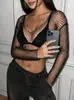 Top de rejilla transparente de manga larga AYJ, estilo chica hot transfronterizo europeo y americano, con diamantes completos, crop top corto sexy para superponer