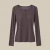 Camiseta básica de cachemira con cuello Henley para mujer, corte ajustado, hombro normal, manga larga, ligera, retiene el calor, adelgazante, top de punto elástico
