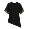 Camiseta de encaje asimétrica de manga corta con cuello redondo de verano para mujer estilo europeo y americano 7057