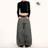 Calça de Trabalho Yongfang Estilo Retrô Americano para Homens e Mulheres, Marca Tendência Solta Lavada Costurada Borda Crua Pesada Reta Casual de Perna Larga
