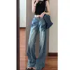 Jeans Anchos Lavados Azules Retro para Mujer Verano Delgados Estilo Americano High Street Chica Popular Cintura Baja Pierna Recta Suelta Pantalones de Longitud al Suelo