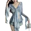 Outono e Inverno 2024 Novo Estilo Hot Girl Feminino Fino Exterior Tie-Dye Azul Manga Longa Amarrado Top Cintura Fina
