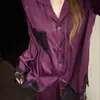 Pijama de Seda de Hielo Morado de Alta Gama con Ribete de Encaje Puro para Mujer, Nuevo Estilo de Primavera Manga Larga Pantalón Largo Ropa de Casa Tallas Grandes Conjunto
