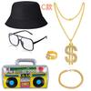 HIPHOP Hip Hop Accesorios de Fiesta Dólar Collar Grande Dorado Anillo Inflable Acústico Sombrero de Sol Negro Traje Venta al Mayoreo