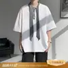 Camiseta de Manga Corta de Verano Estilo Coreano, Holgada y Casual, con Diseño de Cuadros Parcheados Falsos de Dos Piezas y Detalles de Cinta, para Hombre