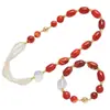 Conjunto de Pulsera y Collar de Diseño de Ágata Roja Natural de Alta Calidad, Calcedonia, Cristal Blanco y Perla de Imitación con Múltiples Estilos de Uso
