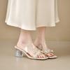 Sandalias de Tacón Alto de Cristal de Verano 2025, Sandalias Transparentes de Una Tira con Pedrería para Mujer, Modernas y Casuales
