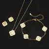 Set de Joyería Joyería Concha Blanca Natural Aretes de Trébol de Cuatro Hojas Collar Pulsera Completo con Diamantes Joyería de Alta Moda para Mujer Venta al por Mayor