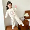 Conjunto de Sudadera con Capucha y Pantalones Deportivos Estilo Coreano para Niñas, Conjunto de Dos Piezas con Estampado de Conejo de Dibujos Animados y Lazo para Bebé, Ropa Infantil al por Mayor