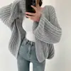 Cardigan suéter jaqueta de tricô casual chique coreano de outono com decote V versátil de caimento solto, cor sólida, manga morcego