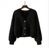 Cardigan de Tricô Trançado Feminino para Outono e Inverno, Tamanho Petite, Cardigan de Tricô Outono 2026, Jaqueta Curta, Top com Decote V