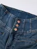 Jeans de Nuevo Estilo Azul Lago de Cintura Alta Ajustados con Pierna Ancha para Figuras Petite que Hacen que las Piernas se Vean Más Largas