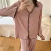 Pijama de rayón para mujer para primavera y otoño, cárdigan casual simple de manga larga con pantalones largos, corte holgado, se puede usar para salir, conjunto para estar en casa