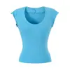 Cor Sólida Estilo Garota Picante Simples Gola U Manga Curta Ajuste ao Corpo Cintura Marcada Emagrecedor Camisa Básica Ombro Normal Camiseta Curta Manga Flare para Mulheres Verão