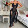 Camisola Longa Sexy Decote V Fenda Leve Tamanho Plus Novo Estilo Charmoso Camisola Feminina Transparente Fornecimento Transfronteiriço
