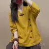 Nova camiseta de algodão e linho estilo retrô chinês com botões e manga longa para mulheres, versátil, artística, colorida, top casual slim-fit outono 2026
