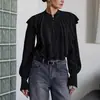 Blusa con Volantes Estilo Palacio 2026 Primavera Elegante Holgada Negra Cuello Alto Camisa de Gasa Ropa para Mujer de Comercio Exterior