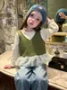 Chaleco de Punto para Niña Otoño Nuevo Chaleco Infantil con Parche de Lunares, Camisa Base con Patrón de Conchas, Jeans para Bebé