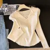 Blusa de Tricô com Patchwork de Renda, Gola Lapela, Manga Longa, Corte Slim, Camada Interna, para Mulheres, Primavera/Outono, Falso Duas Peças, Barra com Babados, Top Base