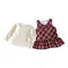 Conjunto de Dos Piezas para Bebé Niña Dianxi: Camiseta Básica Simple de Manga Larga para Otoño y Vestido con Chaleco de Cuadros y Volantes para Bebé