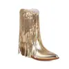 Bota Curta Feminina Europeia e Americana Bico Fino Salto Grosso Tamanho Grande Botas com Lantejoulas e Franjas 8242