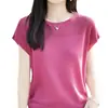 Nueva Camiseta de Punto para Mujer Primavera/Verano 2026, Tencel Lino, Cuello Redondo, Manga Corta, Color Sólido, Calado, Holgada, Capa Base
