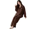 En stock, listo para enviar (con copas) pijama de algodón de manga larga y pantalón largo para mujer, conjunto de dos piezas tipo cárdigan, ropa de casa para mujer para transmisiones en vivo