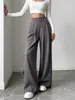 Pantalones Casuales Largos de Mujer Transfronterizos Gris Oscuro de Cintura Alta Pierna Ancha Cómodos Estilo Casual Cubren Cadera Plisado Con Caída