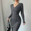 Vestido Transfronterizo Estilo Francés, Vestido Bodycon de Color Sólido de Longitud Media que Ceñe la Cintura, Vestido Base Ajustado de Punto para Otoño e Invierno 2025