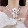 Lindo y adorable osito de peluche blanco con borlas y cuentas, collar de mariposa hueco, gargantilla de perlas