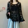Suéter Hueco de Ganchillo Francés con Mangas de Campana, Nuevo Estilo de Primavera Holgado Negro Exterior, Blusa Elegante y Hermosa