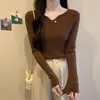 Suéter de Punto de Manga Larga con Escote en la Clavícula Estilo Coreano al por Mayor Transfronterizo para Mujer, Suéter Básico de Punto Color Sólido para Otoño e Invierno, Top con Cuello en V