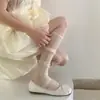 Calcetines holgados con ribete de encaje para primavera y verano, calcetines altos de malla fina Lolita Jk con rayas verticales y lazo de purpurina fina para la pantorrilla