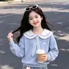 Conjunto de dos piezas para niña de principios de otoño, casual, juguetón, top azul marino con cuello de color contrastante, estilo coreano, dulce, lindo, con conejito, jeans